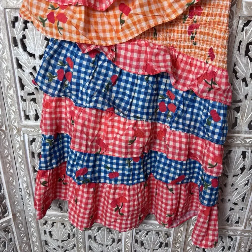 Farm Rio for Anthropologie Cherry Gingham Ruffle Mini Dress Medium Picnic Style